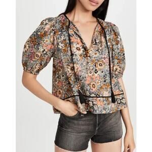 The Great Ravine Floral Cotton Peasant Blouse Size Medium Tassel Top